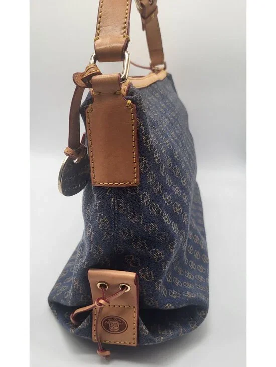 Dooney & Bourke Blue Denim Logo Brocade Shoulder Bag Brown Leather Red Interior - Picture 12 of 13